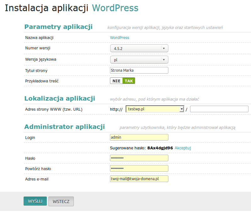 instalator aplikacji Wordpress - krok 3